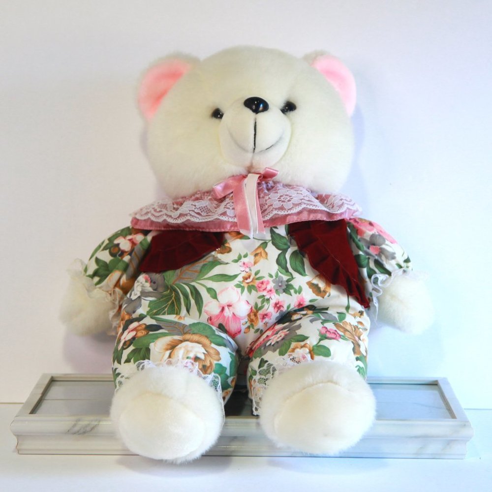 White Teddy Bear with Floral Pattern Clothing with Vest 23"